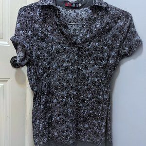 Women's L Blouse H-R Grey Floral Button up Synched Waist
